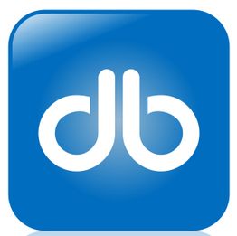 Blaues Quadrat mit weißen Buchstaben "d" und "b" in der Mitte.