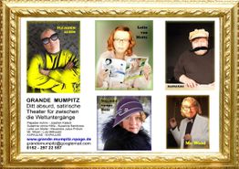 Kollage von sechs Personenfotos mit verschiedenen Outfits und Informationen zu einem Theaterstück.
