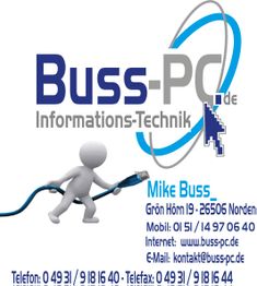Ein weißes Piktogramm hält ein blaues Kabel, daneben das Logo von Buss-PC Informations-Technik.