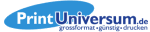 PrintUniversum-Logo mit Slogan „grossformat.günstig.drucken“ in Blau und Weiß.