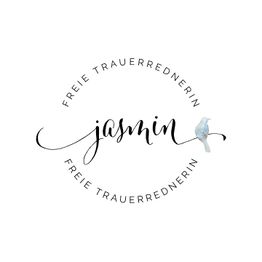 Ein rundes Logo mit "Freie Trauerrednerin Jasmin" und einem Vogel auf einem Buchstaben.