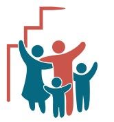 Piktogramm einer Familie vor einer Treppe mit Fahne, symbolisierend Teamarbeit und Erfolg.