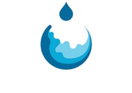 Abstract blue water drop logo with wave patterns and a smaller drop above.