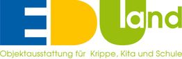 Logo mit Text: "EDUland Objektausstattung für Krippe, Kita und Schule".