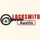 Logo with key shape, house icon. Text reads "Locksmith Austin" in red and black.