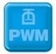 Blaue Schaltfläche mit der Aufschrift "PWM" und einem Symbol darüber.