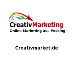 CreativMarketing-Logo mit Pfeilen, Text: "Online Marketing aus Pocking". Website: Creativmarket.de.
