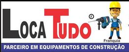 Logo da Loca Tudo com mascote segurando uma furadeira; texto: "Parceiro em equipamentos de construção".