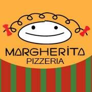 Logotipo colorido com rosto sorridente e "Margherita Pizzeria" escrito embaixo.