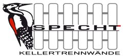 Specht-Logo mit Kellertrennwände-Aufschrift und stilisiertem Specht neben Gittern.