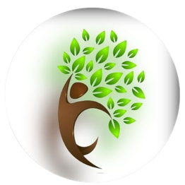 Figura de árbol con forma humana en marrón y verde sobre fondo blanco.