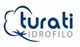 Logo di "Turati Idrofilo" con disegno stilizzato di cotone blu e testo in grigio.