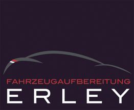 Logo mit grauem Auto-Symbol, Text: "Fahrzeugaufbereitung Erley" in Rot und Weiß auf schwarzem Hintergrund.