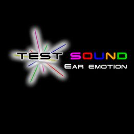 Logo con texto "TEST SOUND Ear Emotion" en fondo negro y líneas de colores.