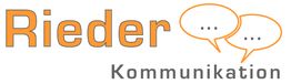 "Logo: 'Rieder Kommunikation' in Orange mit zwei Sprechblasen."