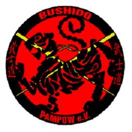 Schwarzer Tiger auf rotem Kreis mit Schriftzug "Bushido Pampow e.V." und japanischen Zeichen.