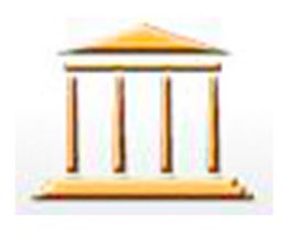 Ícono de un edificio clásico con tres columnas y un techo triangular en color dorado.