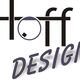 Logo met de tekst "Hoff Design" in zwart en grijs, met een cirkel en vierkant bij de "o".