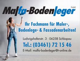 Frau malt Wand, daneben Kontaktinfos von Malfa-Bodenleger GmbH in Schkopau in Blau und Grau.