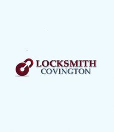 Logo of Locksmith Covington with a maroon and grey lock graphic on a light blue background.