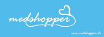Hellblaues Logo mit dem Schriftzug "medshopper" und einem Herz. Webseite www.medshopper.de.