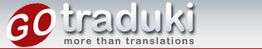 Logo mit rotem Kreis und Text "gotraduki" und Slogan "more than translations" auf grauem Hintergrund.