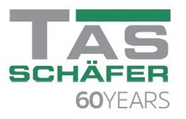 Logo: TAS Schäfer, 60 Jahre Jubiläum, stilisiert in Grau und Grün.
