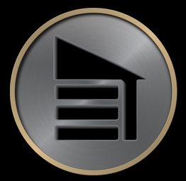 Minimalist silver badge with a geometric design and a thin golden border.