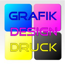 Vier bunte Quadrate mit den Wörtern "Grafik", "Design" und "Druck" in verschiedenen Farben.