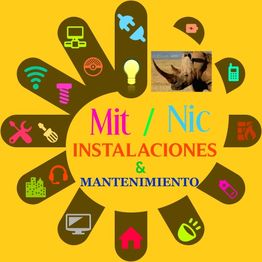Logotipo de Mit/Nic con iconos de tecnología y herramientas, un rinoceronte en el centro.