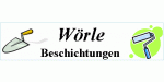 Logo mit Text "Wörle Beschichtungen", Kelle links und Farbroller rechts.