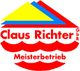 Logo von Claus Richter GbR, Dach und Wellen, Text: Meisterbetrieb, in Rot, Gelb und Blau.