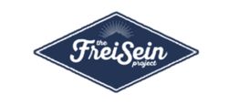 Blaues Logo mit der Aufschrift "The FreiSein Project" und einem Sonnenaufgang im Hintergrund.