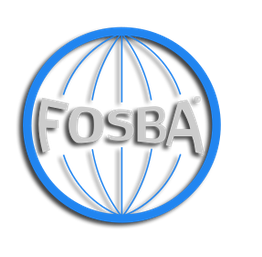 Logo: FOSBA in grauer Schrift auf blauem Globusdesign mit Meridianlinien.