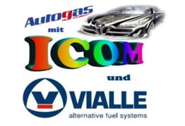 Logos: Autogas, ICOM in bunten Buchstaben, Vialle mit Autografik, alternativer Kraftstoff.