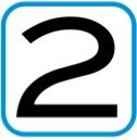 Zahl 2 in schwarzer Schrift, umgeben von einem blauen, quadratischen Rahmen.