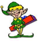 Elfo felice in abito verde e cappello, porta un grande regalo rosso e blu.