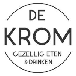 Logo met "De Krom" en tekst "Gezellig eten & drinken" in een omcirkelde, eenvoudige stijl.