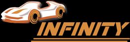 Coche estilizado junto a la palabra "INFINITY" en letras naranjas sobre fondo negro.