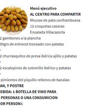 Menú ejecutivo con opciones de carne, pescado y croquetas, incluye postre y bebida para compartir.