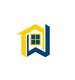Yellow and blue house logo with window and abstract "W" shape.