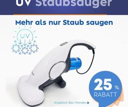 Ein weißer UV-Staubsauger mit 25% Rabatt, beworben als Angebot des Monats.