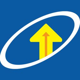 Freccia gialla dentro un'ellisse bianca su sfondo blu.