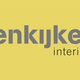 Gele achtergrond met grijze tekst "binnenkijken interieuradvies" en witte decoratie linksboven.