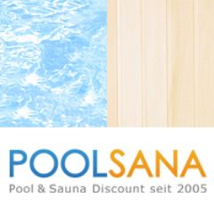 Logo von Poolsana: Wasser, Holz und Text "Pool & Sauna Discount seit 2005".