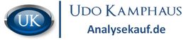 Udo Kamphaus Logo mit Webseite AnalyseKauf.de, blaues UK-Symbol, moderner Schriftzug.