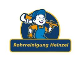 Logo mit Handwerker, der einen Rohrschlüssel hält, daneben Text: „Rohrreinigung Heinzel“.