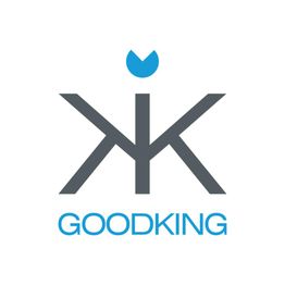 Logo textuel "GOODKING" avec un symbole abstrait bleu en forme de couronne.