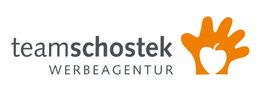 Logo der Werbeagentur Teamschostek, mit oranger Hand und Apfel.