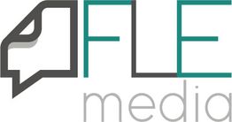 Logo mit Text: "FLE media" in grauen und grünen Buchstaben. Links ein stilisiertes Sprechblasen-Icon.